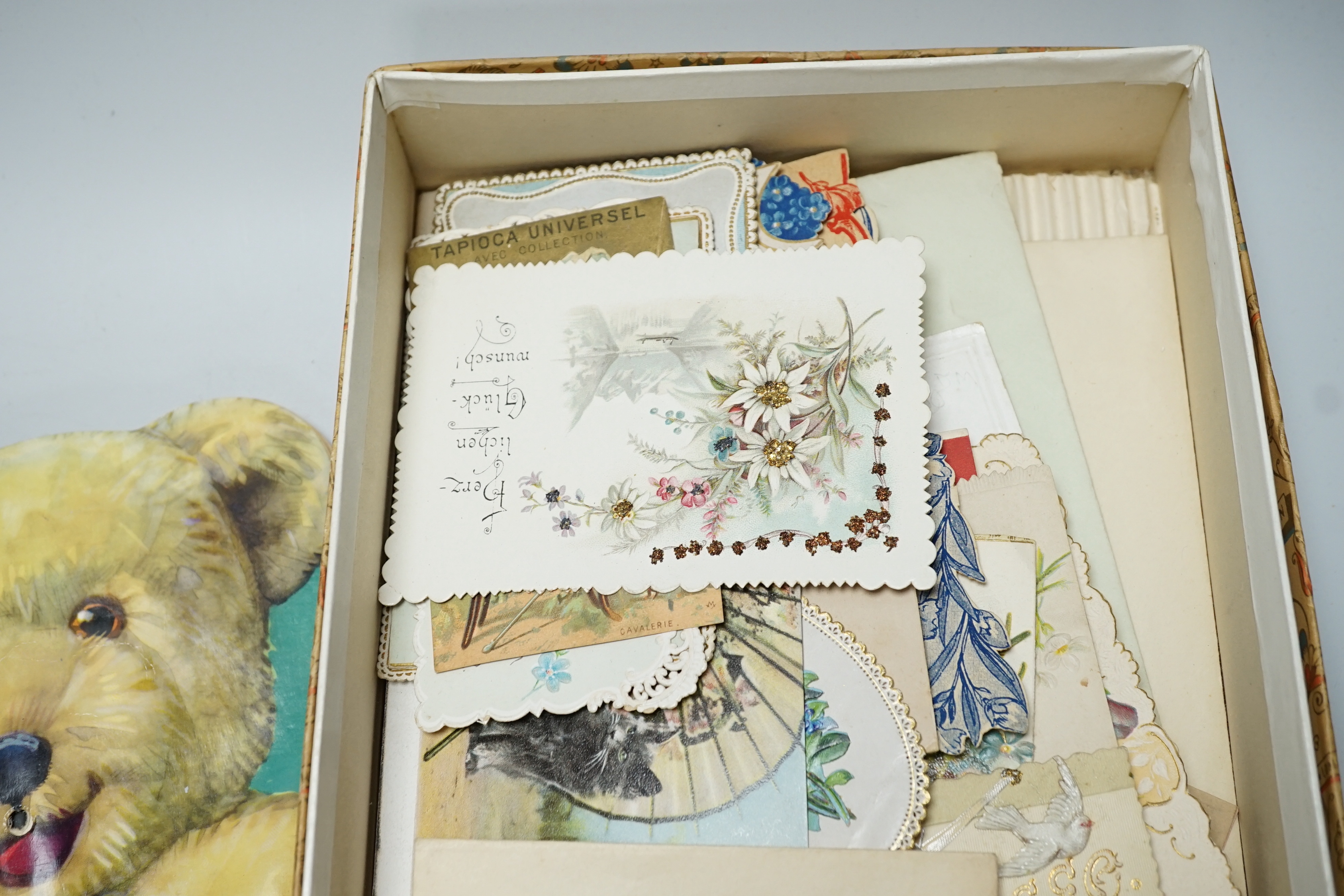 Mixed teddy bear ephemera and a box of greetings cards